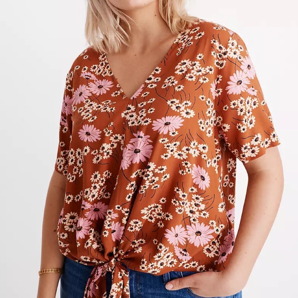 Madewell Women’s Hillside Daisies Floral Novel Tie Front Blouse Top Multicolor L